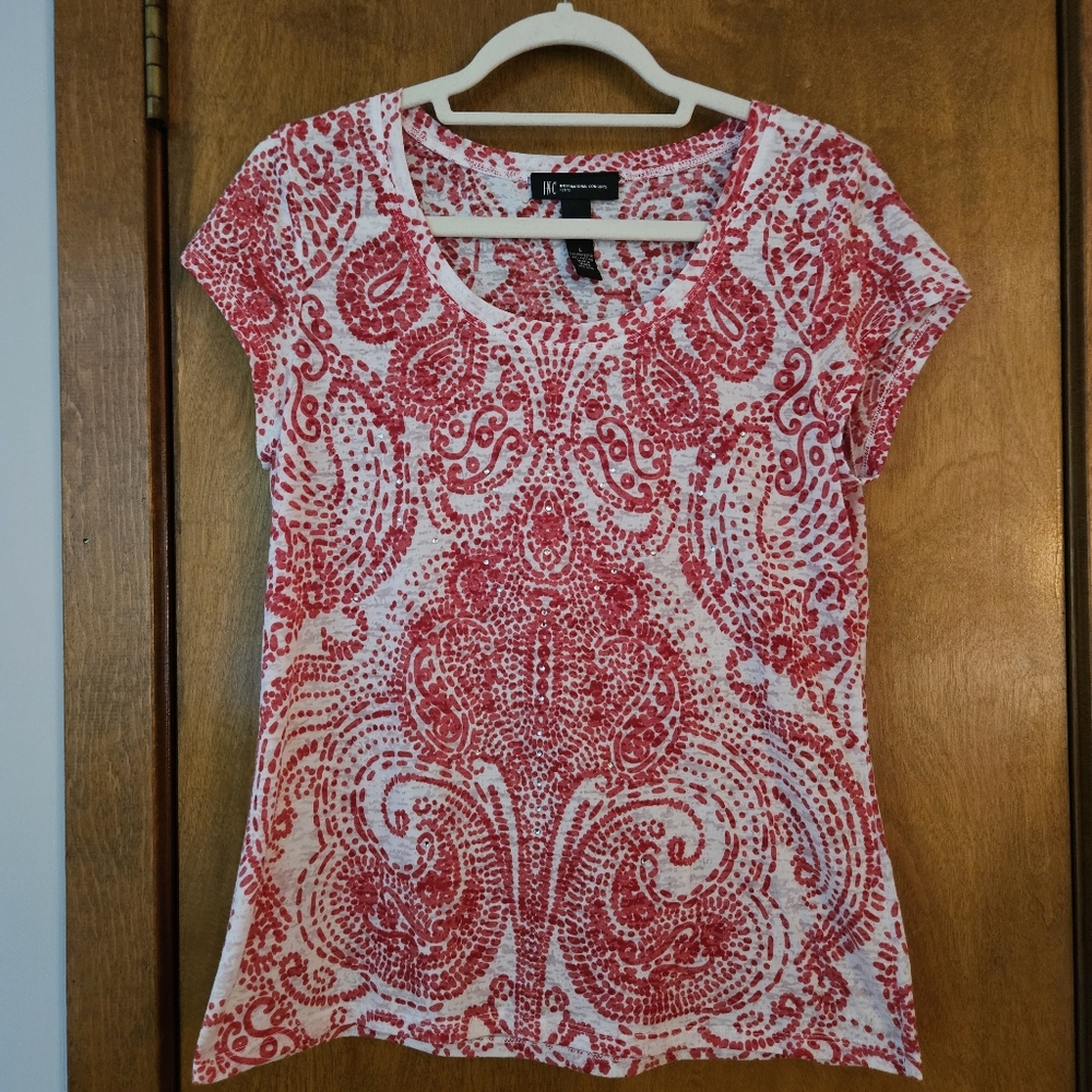 INC Petite Red & White Paisley Top